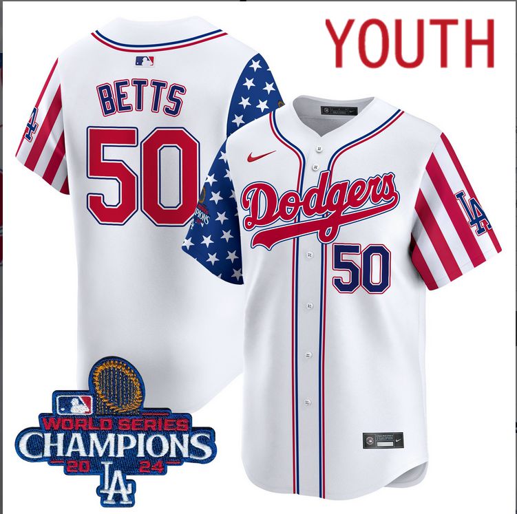 Youth MLB Los Angeles Dodgers #50 Betts American Style white 2024 World Series Champions  Limited Jersey->customized mlb jersey->Custom Jersey